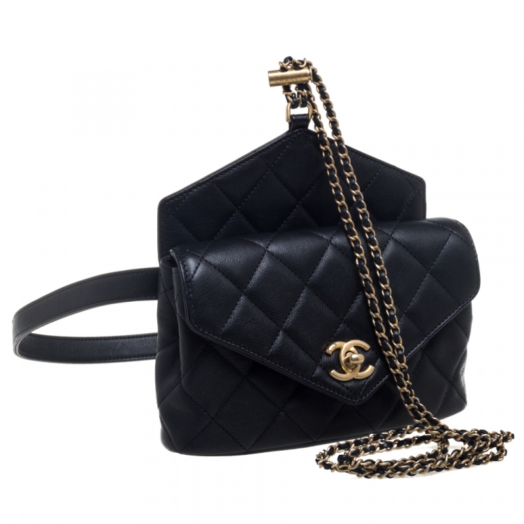 Pre Owned Chanel Black Quilted Leather Envelop Flap Waist Bag