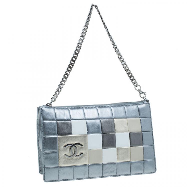 Pre Owned Chanel Silver Multicolor Square Quilted Wristlet Clutch