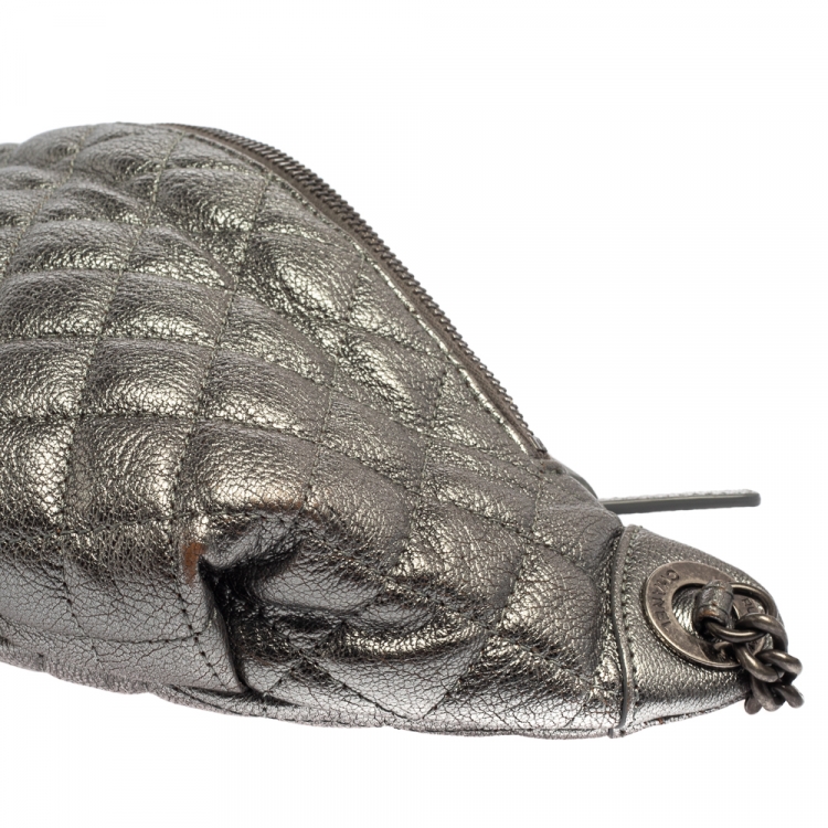 Pre Owned Chanel Metallic Grey Quilted Leather Banane Waist Bag