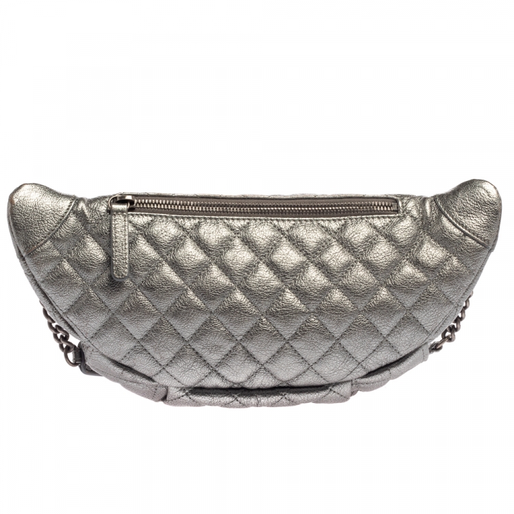 Pre Owned Chanel Metallic Grey Quilted Leather Banane Waist Bag