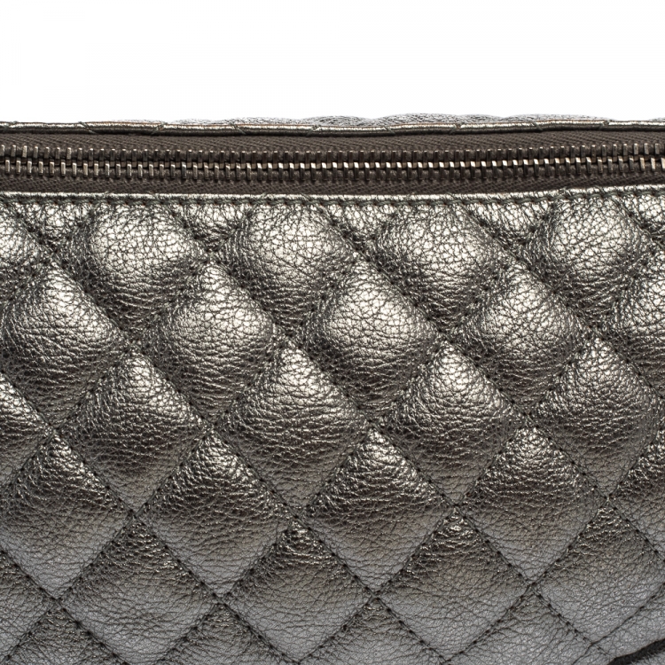 Pre Owned Chanel Metallic Grey Quilted Leather Banane Waist Bag