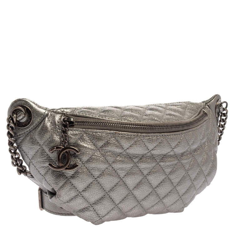 Pre Owned Chanel Metallic Grey Quilted Leather Banane Waist Bag