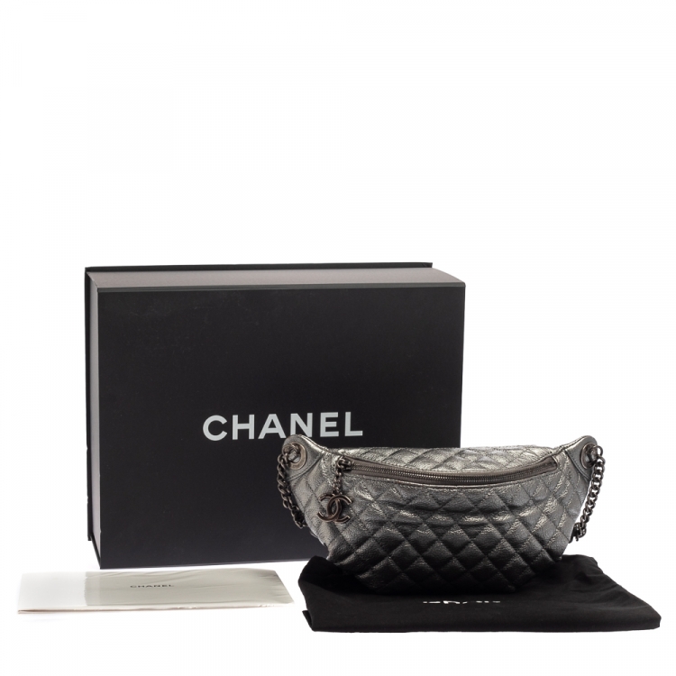 Pre Owned Chanel Metallic Grey Quilted Leather Banane Waist Bag