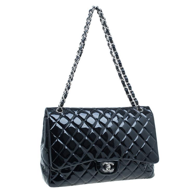 Pre Owned Chanel Black Quilted Patent Leather Maxi Classic Single Flap Bag
