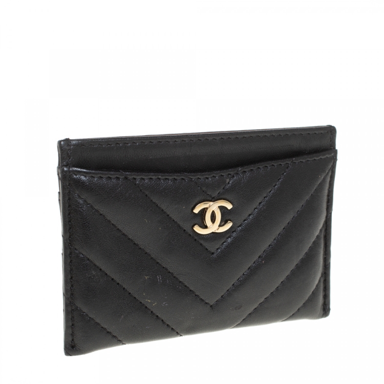 Pre Owned Chanel Black Chevron Leather CC Classic Card Holder
