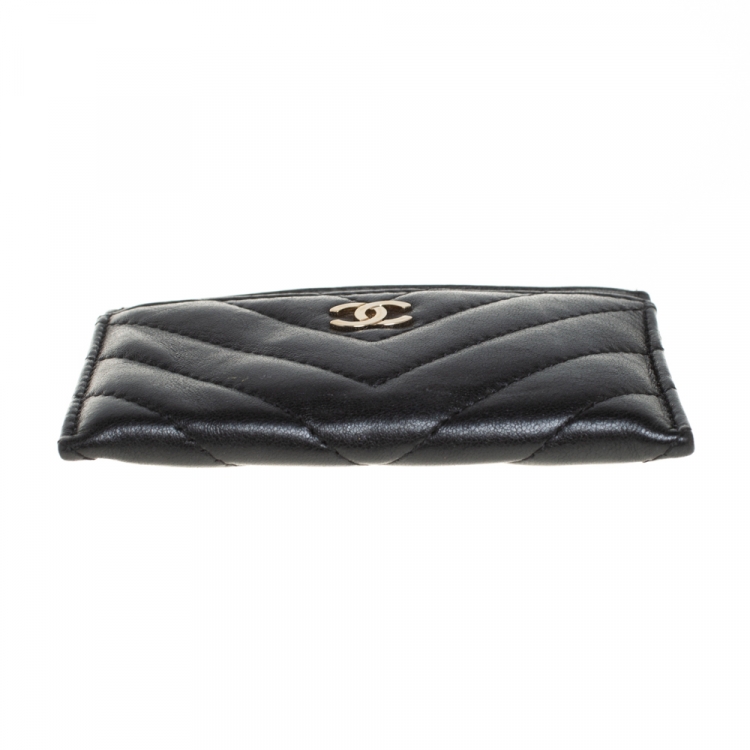 Pre Owned Chanel Black Chevron Leather CC Classic Card Holder