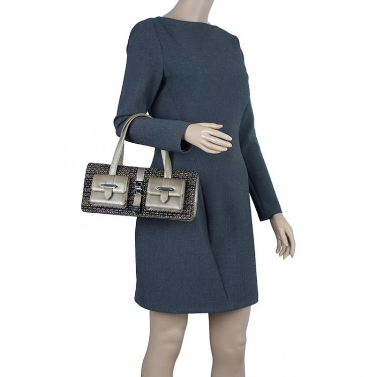 Pre Owned Chanel Gold Tweed Double Pocket Satchel Bag