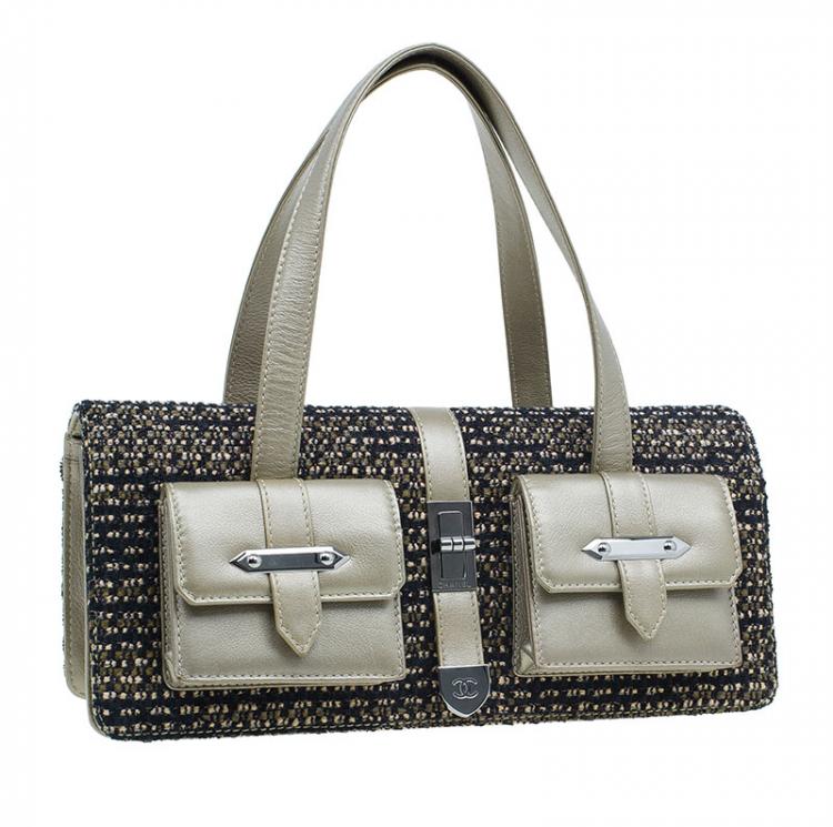 Pre Owned Chanel Gold Tweed Double Pocket Satchel Bag
