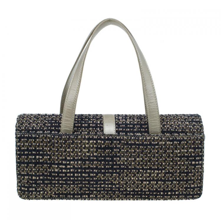 Pre Owned Chanel Gold Tweed Double Pocket Satchel Bag