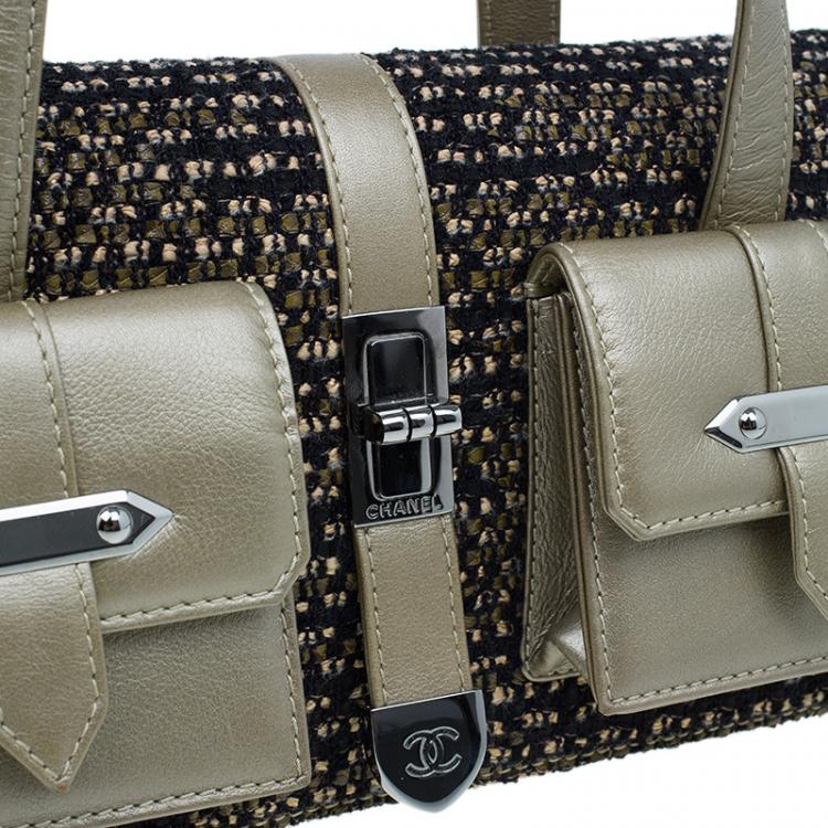 Pre Owned Chanel Gold Tweed Double Pocket Satchel Bag