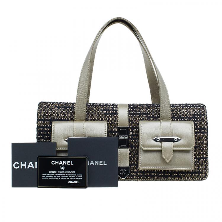 Pre Owned Chanel Gold Tweed Double Pocket Satchel Bag