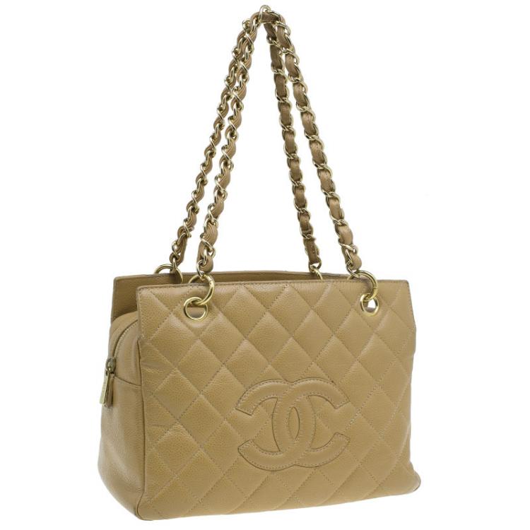 Pre Owned Chanel Beige Quilted Caviar Leather Petite Timeless Shopper Tote