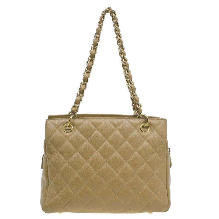 Pre Owned Chanel Beige Quilted Caviar Leather Petite Timeless Shopper Tote