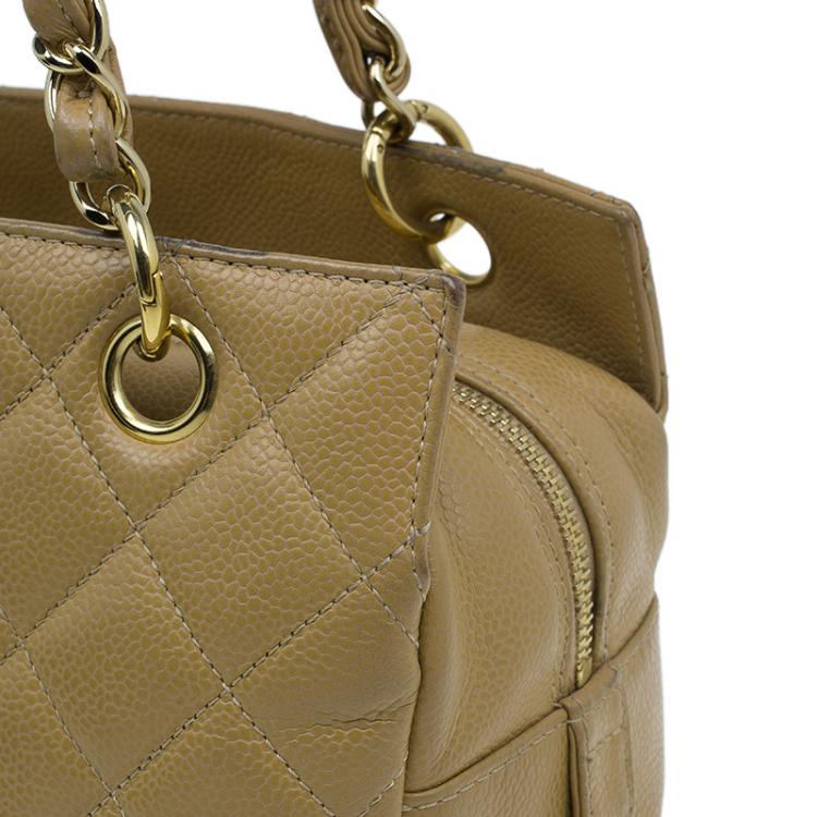 Pre Owned Chanel Beige Quilted Caviar Leather Petite Timeless Shopper Tote