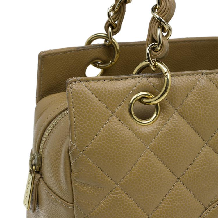 Pre Owned Chanel Beige Quilted Caviar Leather Petite Timeless Shopper Tote