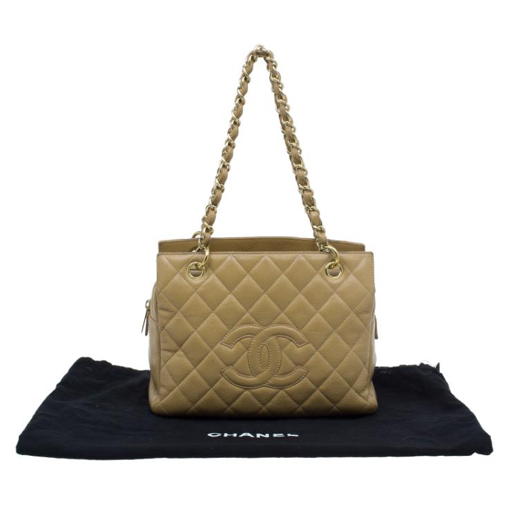 Pre Owned Chanel Beige Quilted Caviar Leather Petite Timeless Shopper Tote