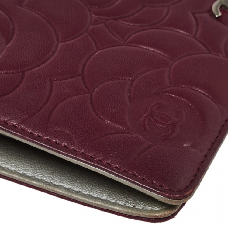 Pre Owned Chanel Burgundy Camellia Embossed Leather Bifold Wallet 