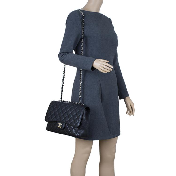 Pre Owned Chanel Black Quilted Caviar Leather Jumbo Classic Single Flap Bag