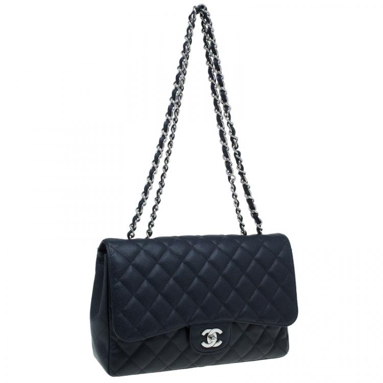 Pre Owned Chanel Black Quilted Caviar Leather Jumbo Classic Single Flap Bag