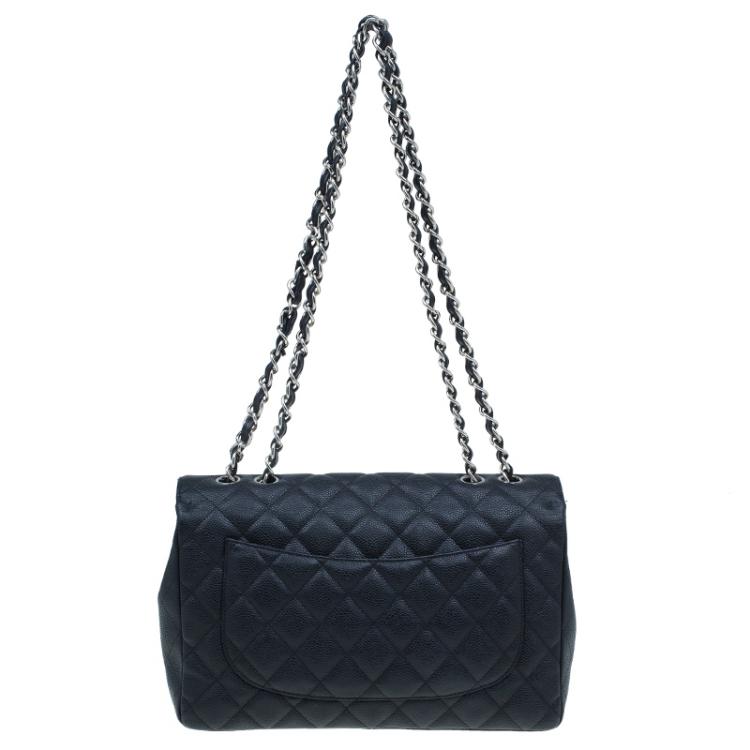 Pre Owned Chanel Black Quilted Caviar Leather Jumbo Classic Single Flap Bag