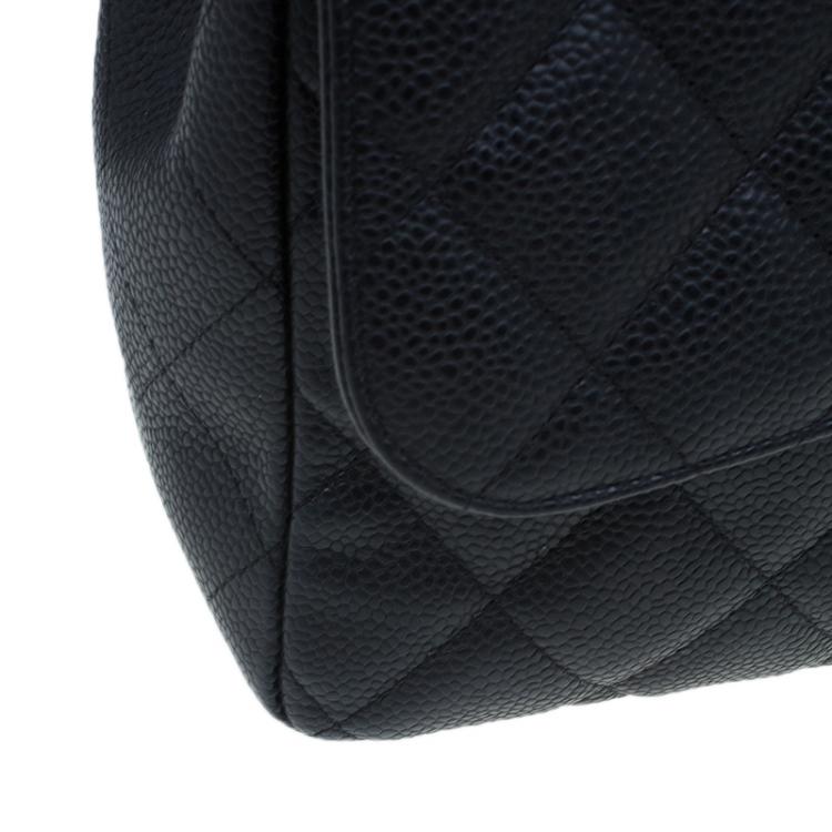 Pre Owned Chanel Black Quilted Caviar Leather Jumbo Classic Single Flap Bag