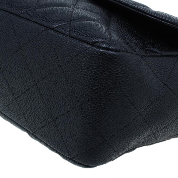 Pre Owned Chanel Black Quilted Caviar Leather Jumbo Classic Single Flap Bag