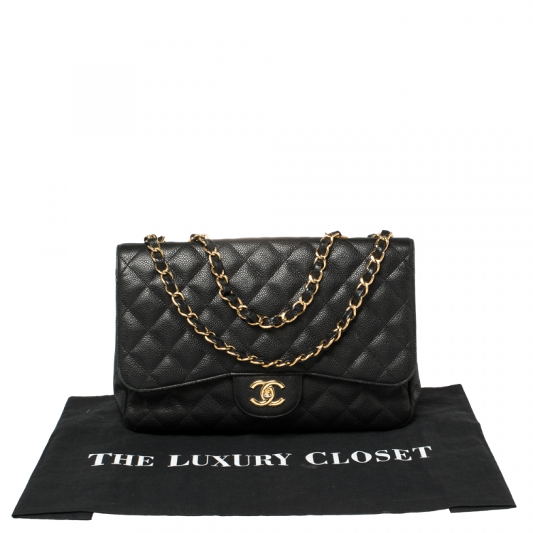 Pre Owned Chanel Black Quilted Caviar Leather Jumbo Classic Single Flap Bag