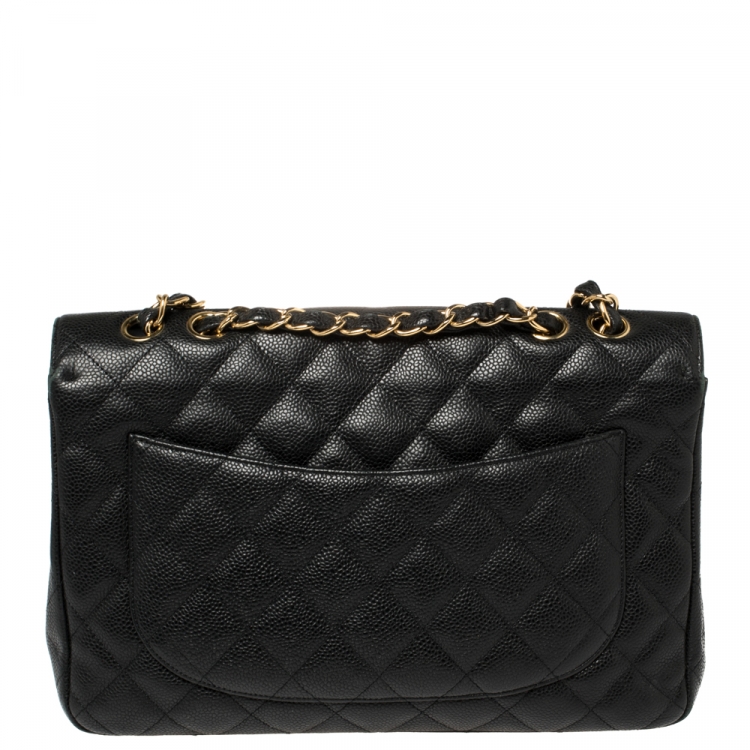 Pre Owned Chanel Black Quilted Caviar Leather Jumbo Classic Single Flap Bag