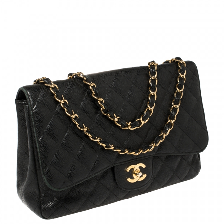 Pre Owned Chanel Black Quilted Caviar Leather Jumbo Classic Single Flap Bag