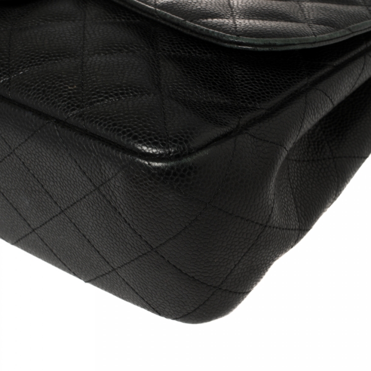 Pre Owned Chanel Black Quilted Caviar Leather Jumbo Classic Single Flap Bag