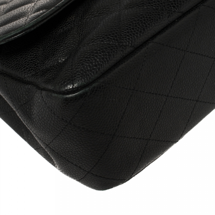 Pre Owned Chanel Black Quilted Caviar Leather Jumbo Classic Single Flap Bag
