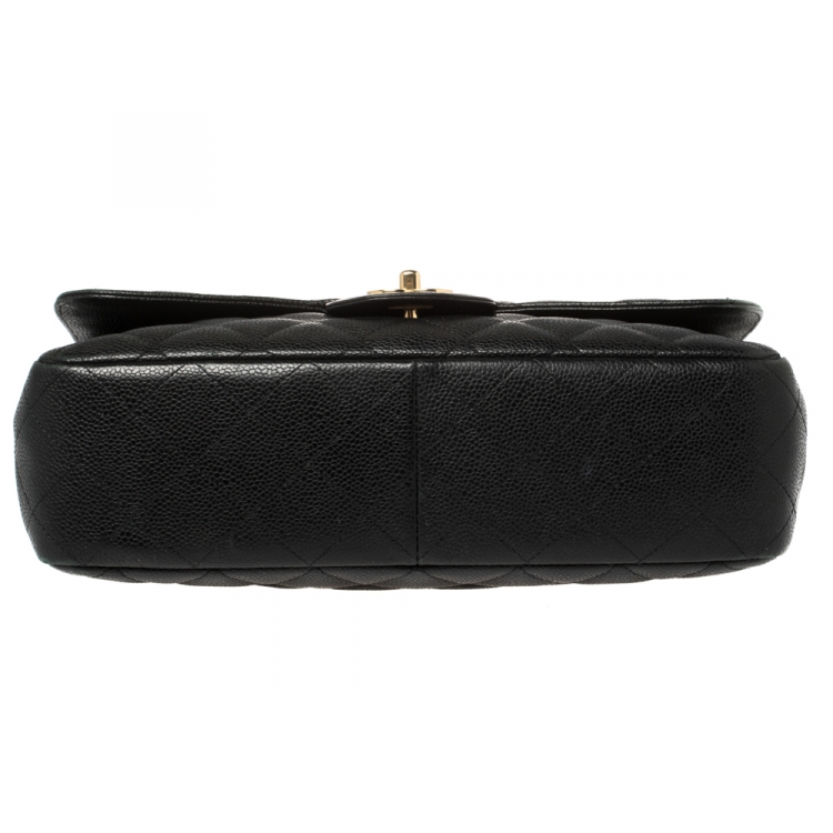Pre Owned Chanel Black Quilted Caviar Leather Jumbo Classic Single Flap Bag