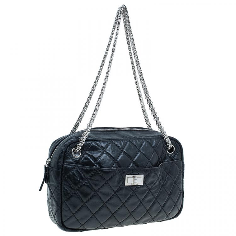 Pre Owned Chanel Black Quilted Crackled Leather Medium Reissue Camera Bag