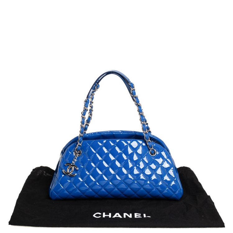Pre Owned Chanel Blue Quilted Patent Medium Just Mademoiselle Bowling Bag