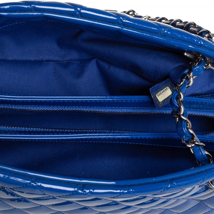 Pre Owned Chanel Blue Quilted Patent Medium Just Mademoiselle Bowling Bag