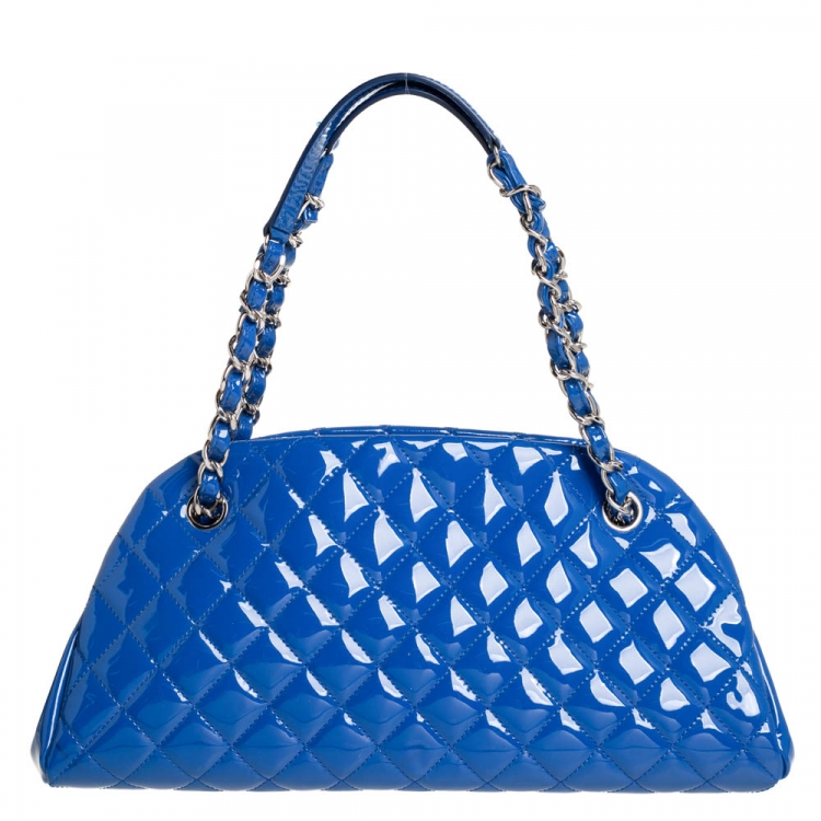 Pre Owned Chanel Blue Quilted Patent Medium Just Mademoiselle Bowling Bag