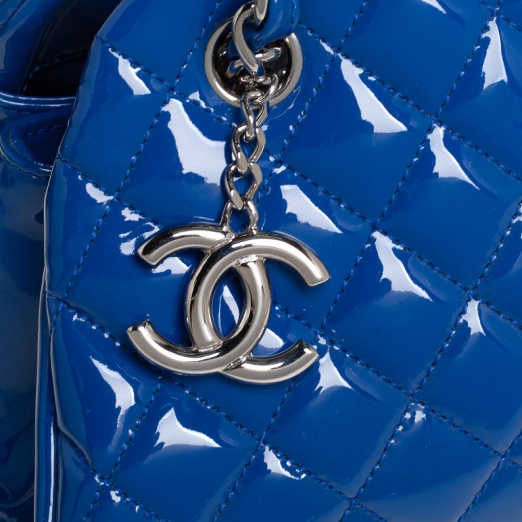 Pre Owned Chanel Blue Quilted Patent Medium Just Mademoiselle Bowling Bag