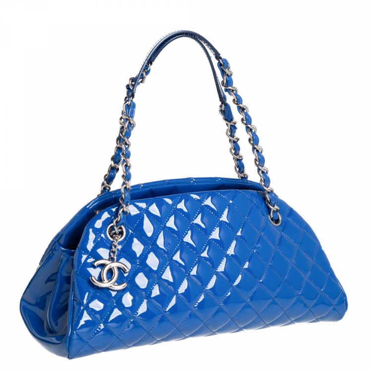 Pre Owned Chanel Blue Quilted Patent Medium Just Mademoiselle Bowling Bag
