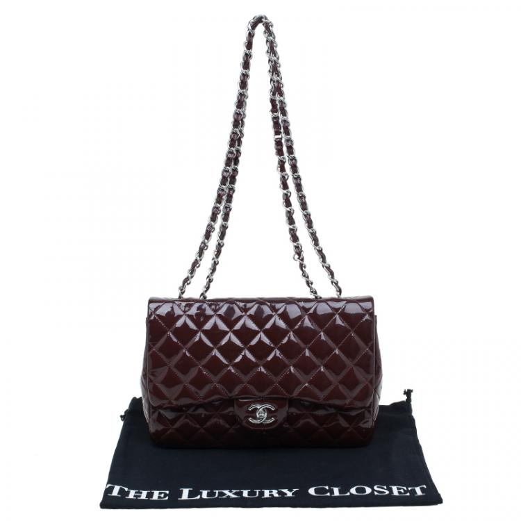 Pre Owned Chanel Burgundy Quilted Patent Leather Jumbo Classic Single Flap Bag