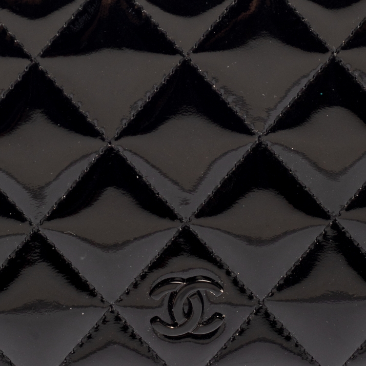 Pre Owned Chanel Black Quilted Patent Leather Flap Long Wallet