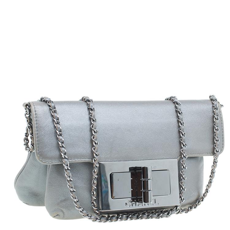 Pre Owned Chanel Silver Leather Mademoiselle Lock Evening Flap Bag
