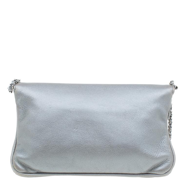 Pre Owned Chanel Silver Leather Mademoiselle Lock Evening Flap Bag