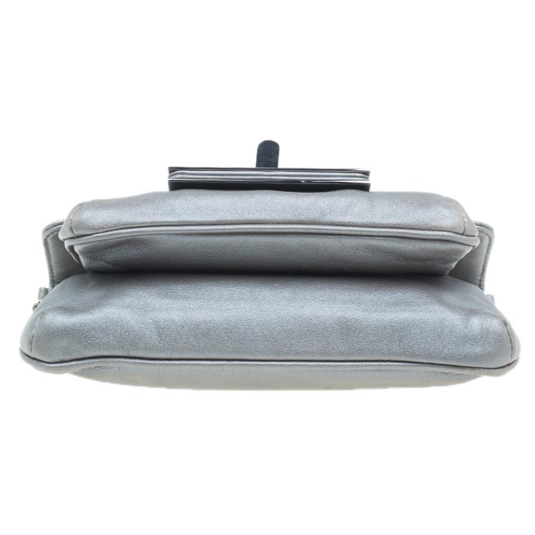 Pre Owned Chanel Silver Leather Mademoiselle Lock Evening Flap Bag