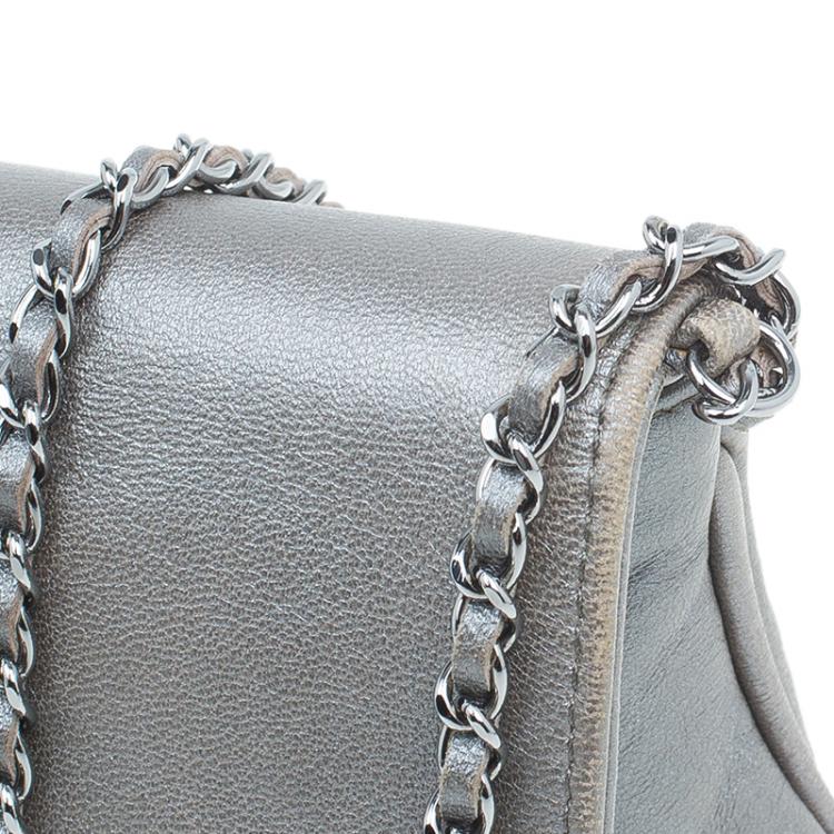 Pre Owned Chanel Silver Leather Mademoiselle Lock Evening Flap Bag
