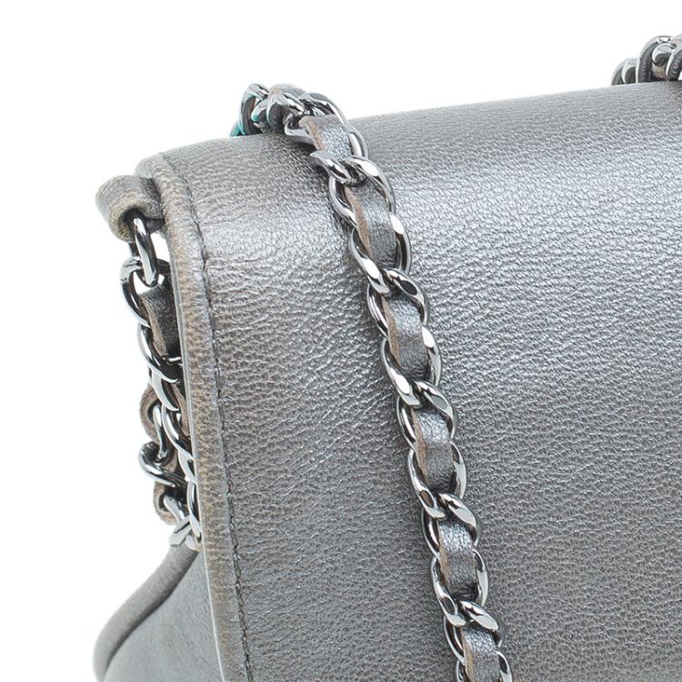 Pre Owned Chanel Silver Leather Mademoiselle Lock Evening Flap Bag