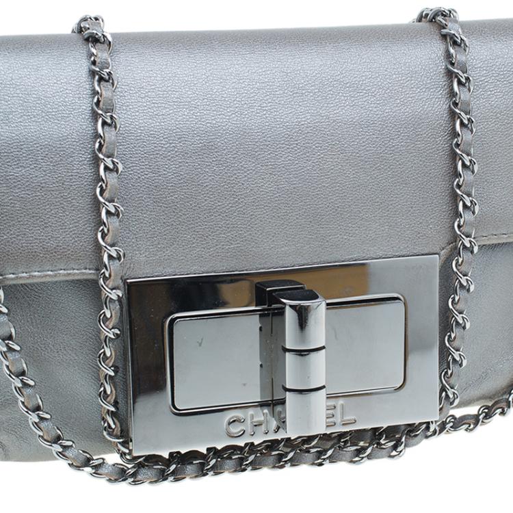 Pre Owned Chanel Silver Leather Mademoiselle Lock Evening Flap Bag