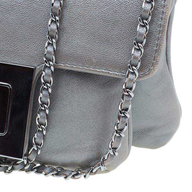 Pre Owned Chanel Silver Leather Mademoiselle Lock Evening Flap Bag