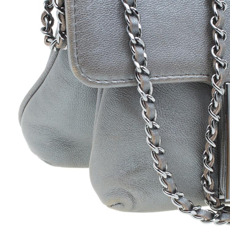 Pre Owned Chanel Silver Leather Mademoiselle Lock Evening Flap Bag