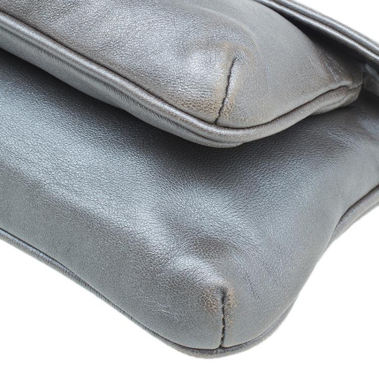 Pre Owned Chanel Silver Leather Mademoiselle Lock Evening Flap Bag