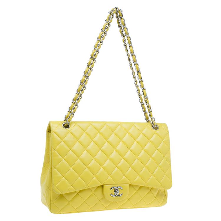 Pre Owned Chanel Yellow Quilted Lambskin Leather Classic Maxi Single Flap Bag